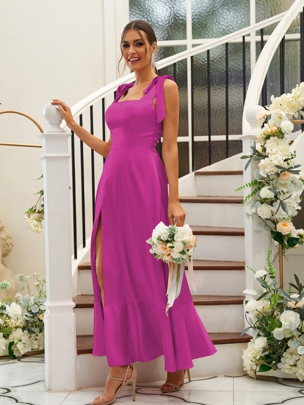 A-Line/Princess Silk like Satin Ruffles Straps Sleeveless Ankle-Length Bridesmaid Dresses 2486