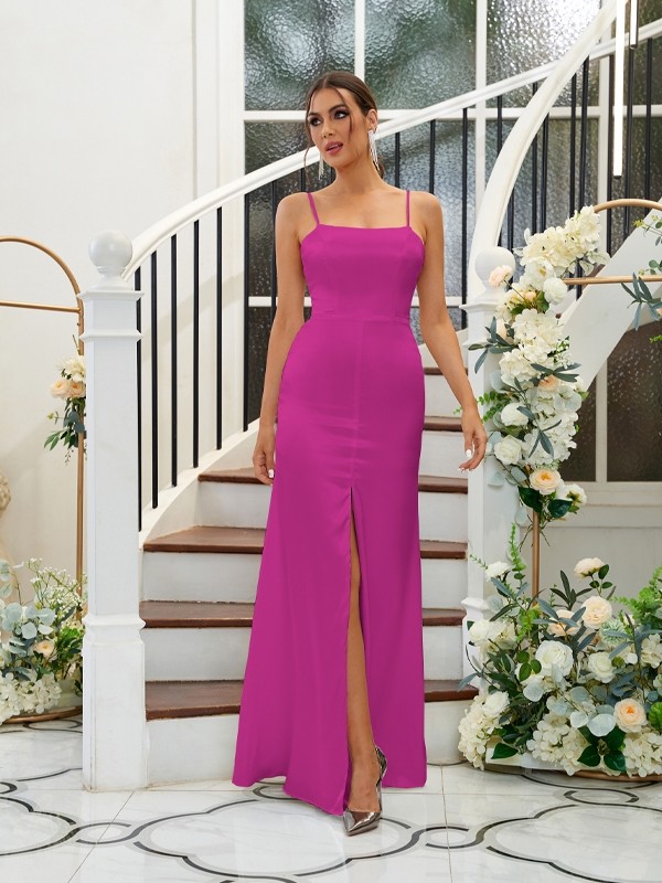 A-Line/Princess Silk like Satin Ruffles Spaghetti Straps Sleeveless Floor-Length Bridesmaid Dresses 2484