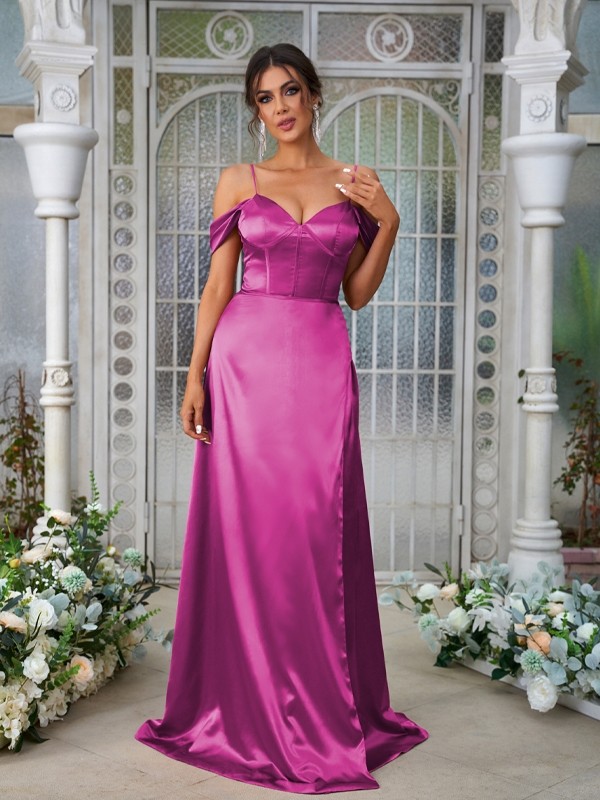 A-Line/Princess Silk like Satin Ruched Sweetheart Sleeveless Sweep/Brush Train Bridesmaid Dresses 2473