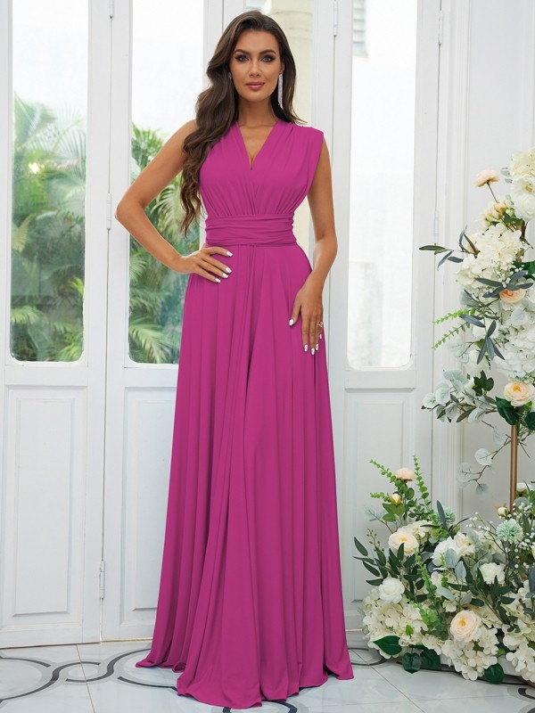 A-Line/Princess Jersey Ruffles V-neck Sleeveless Floor-Length Convertible Bridesmaid Dresses 2331