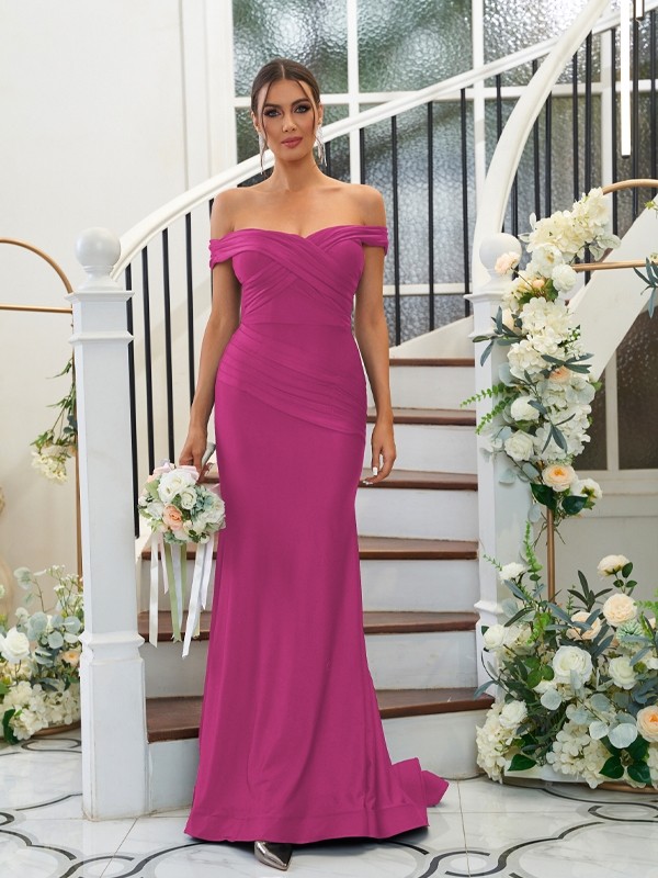 Sheath/Column Jersey Ruched Off-the-Shoulder Sleeveless Sweep/Brush Train Bridesmaid Dresses 2959