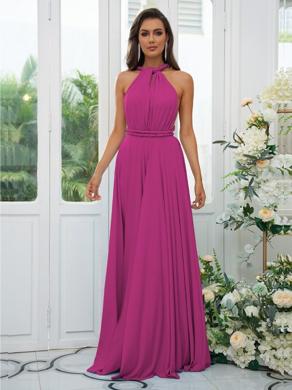 A-Line/Princess Jersey Ruffles Halter Sleeveless Floor-Length Convertible Bridesmaid Dresses 2324