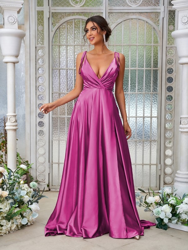 A-Line/Princess Silk like Satin Ruffles V-neck Sleeveless Sweep/Brush Train Bridesmaid Dresses 2494