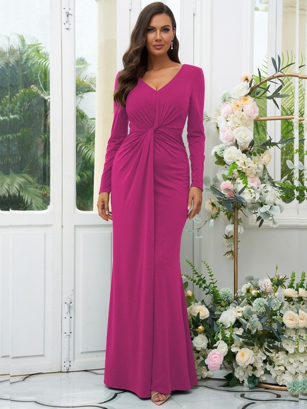 Sheath/Column Jersey Ruched V-neck Long Sleeves Floor-Length Bridesmaid Dresses 2966