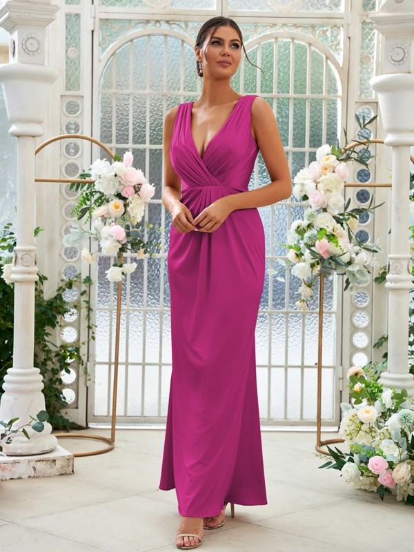 Sheath/Column Jersey Ruched V-neck Sleeveless Floor-Length Bridesmaid Dresses 2967