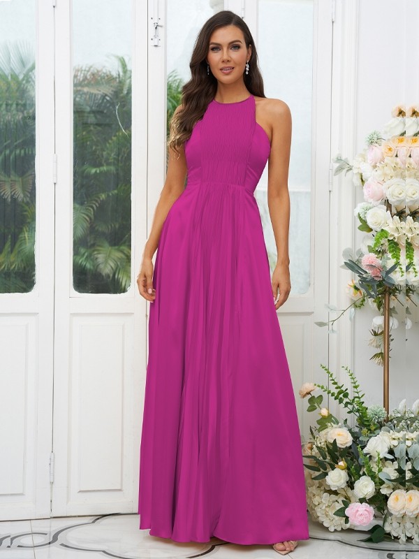 A-Line/Princess Silk like Satin Ruffles Halter Sleeveless Floor-Length Bridesmaid Dresses 2480