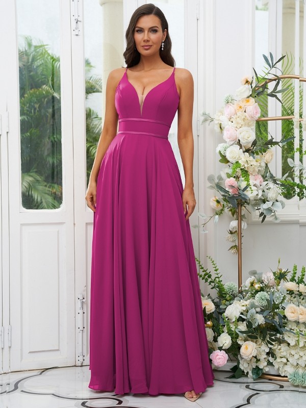 A-Line/Princess Chiffon Ruffles V-neck Sleeveless Floor-Length Bridesmaid Dresses 2239