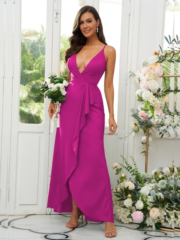 A-Line/Princess Silk like Satin Ruffles V-neck Sleeveless Floor-Length Bridesmaid Dresses 2492