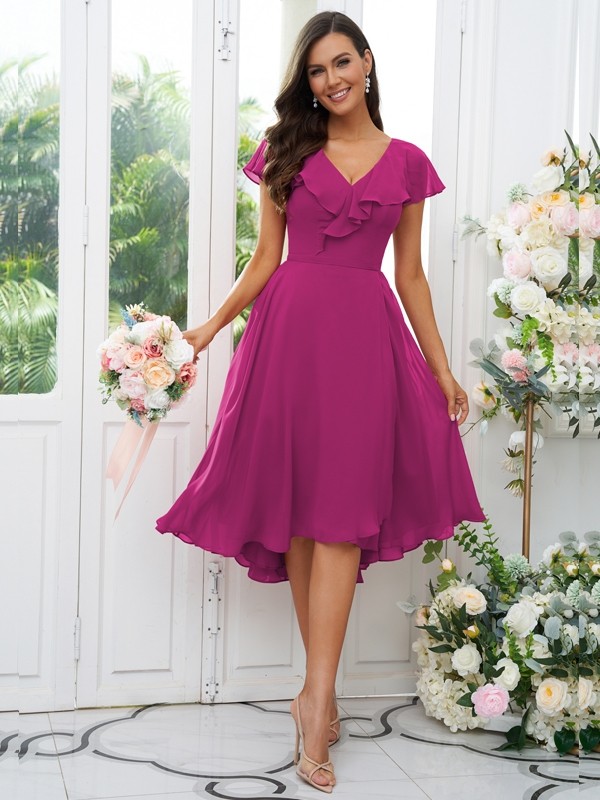 A-Line/Princess Chiffon Ruffles V-neck Short Sleeves Asymmetrical Bridesmaid Dresses 2221