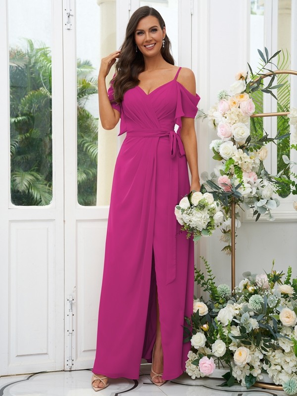 A-Line/Princess Chiffon Ruched V-neck Short Sleeves Floor-Length Bridesmaid Dresses 2171