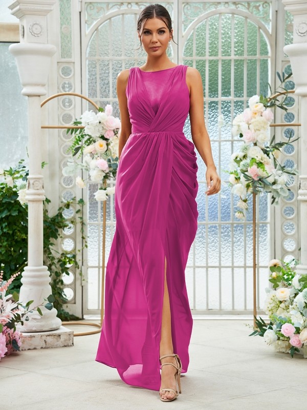 Sheath/Column Chiffon Ruched Scoop Sleeveless Floor-Length Bridesmaid Dresses 2904