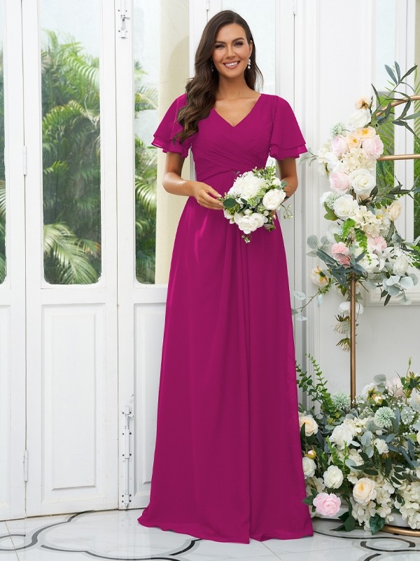 A-Line/Princess Chiffon Ruffles V-neck Short Sleeves Floor-Length Bridesmaid Dresses 2225