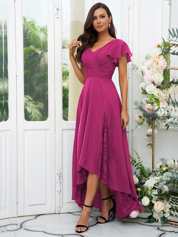 A-Line/Princess Chiffon Lace V-neck Short Sleeves Asymmetrical Bridesmaid Dresses 2151