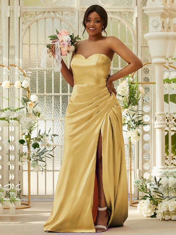 Sheath/Column Silk like Satin Ruched Sweetheart Sleeveless Sweep/Brush Train Bridesmaid Dresses 3079