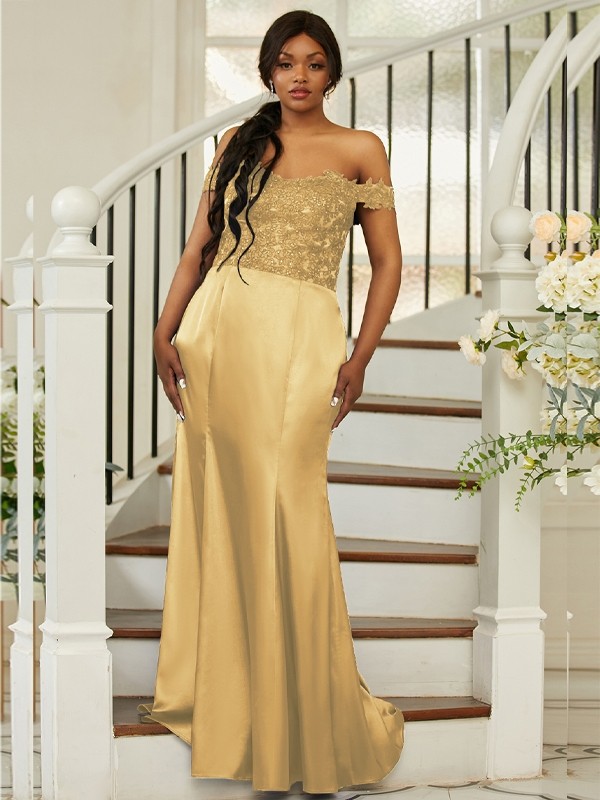 Sheath/Column Silk like Satin Applique Off-the-Shoulder Sleeveless Sweep/Brush Train Bridesmaid Dresses 3051