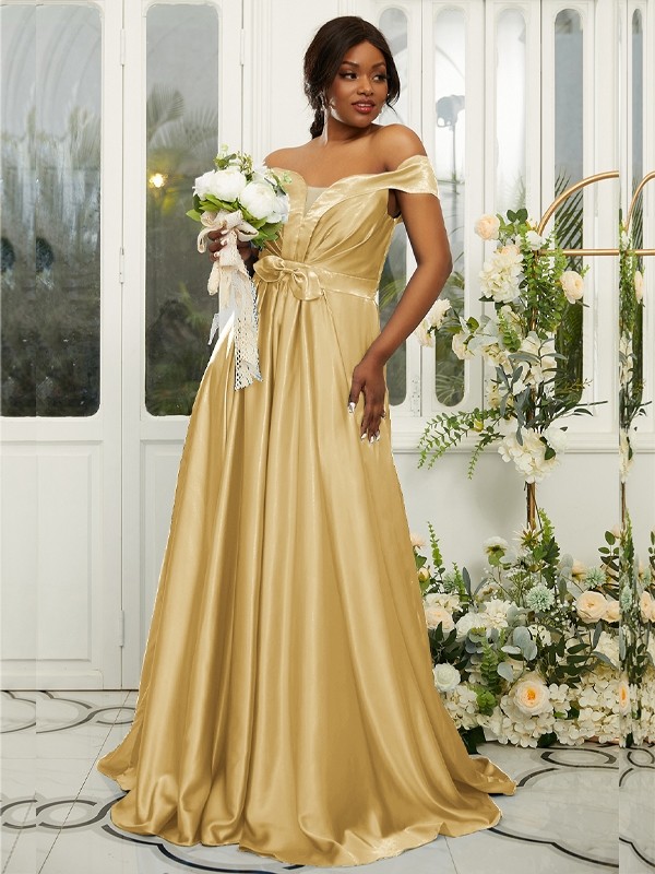 A-Line/Princess Silk like Satin Ruffles Off-the-Shoulder Sleeveless Sweep/Brush Train Bridesmaid Dresses 2482