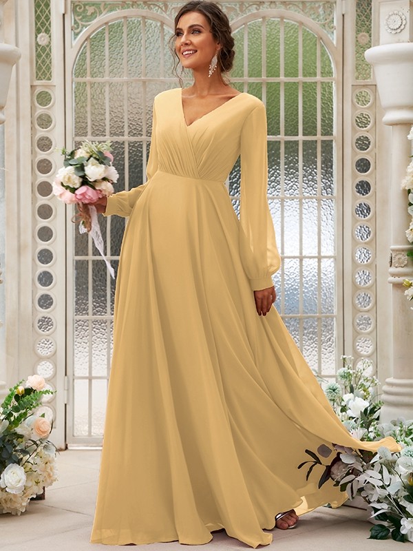 A-Line/Princess Chiffon Ruched V-neck Long Sleeves Floor-Length Bridesmaid Dresses 2169