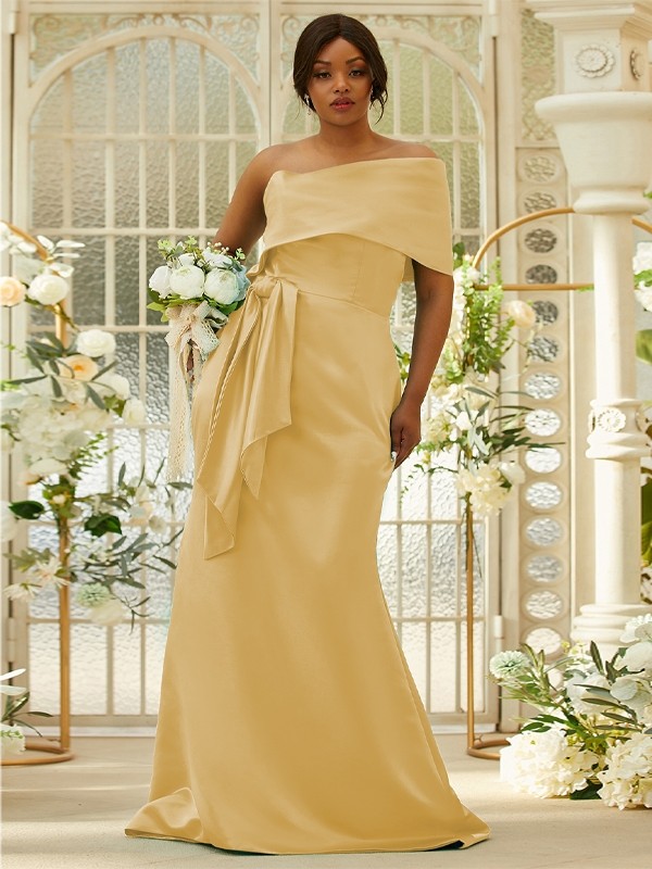 Sheath/Column Satin Ruched One-Shoulder Sleeveless Sweep/Brush Train Bridesmaid Dresses 3022