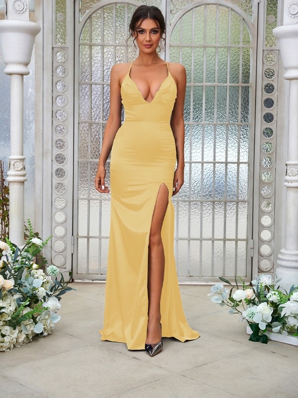 Sheath/Column Elastic Woven Satin Ruched V-neck Sleeveless Sweep/Brush Train Bridesmaid Dresses 2936