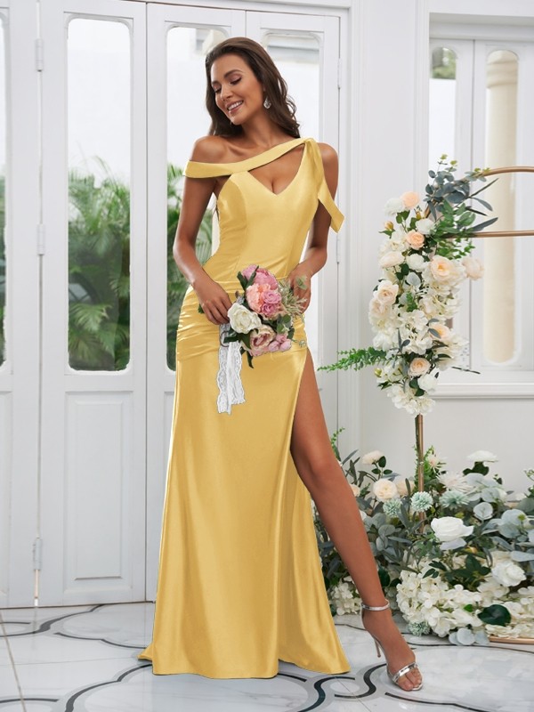 Sheath/Column Polyester Ruched Off-the-Shoulder Sleeveless Sweep/Brush Train Bridesmaid Dresses 2881