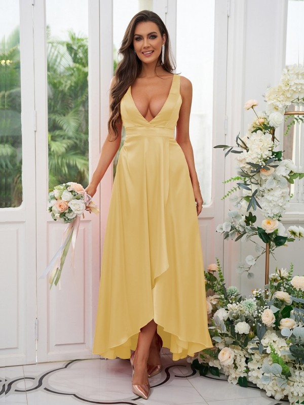 A-Line/Princess Silk like Satin Ruffles V-neck Sleeveless Ankle-Length Bridesmaid Dresses 2489