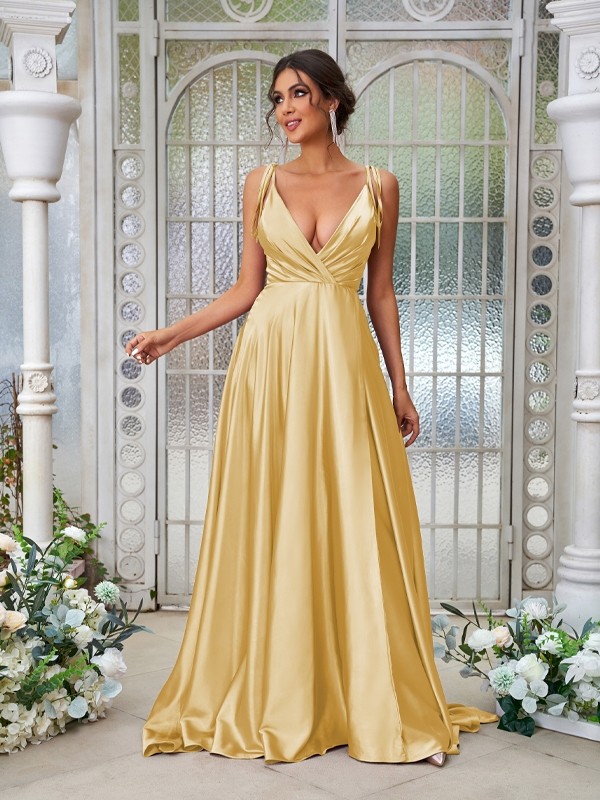 A-Line/Princess Silk like Satin Ruffles V-neck Sleeveless Sweep/Brush Train Bridesmaid Dresses 2494