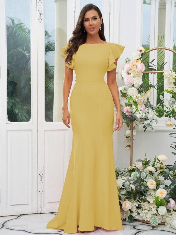 Sheath/Column Stretch Crepe Ruffles Scoop Short Sleeves Sweep/Brush Train Bridesmaid Dresses 3193