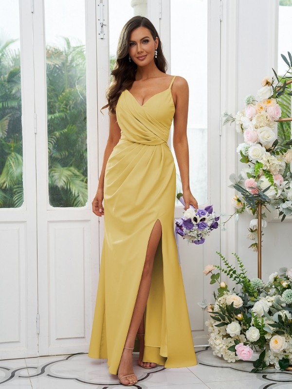 A-Line/Princess Stretch Crepe Ruched V-neck Sleeveless Floor-Length Bridesmaid Dresses 2660