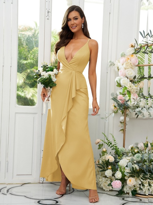 A-Line/Princess Silk like Satin Ruffles V-neck Sleeveless Floor-Length Bridesmaid Dresses 2492