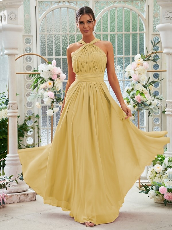 A-Line/Princess Chiffon Ruched Halter Sleeveless Floor-Length Bridesmaid Dresses 2154