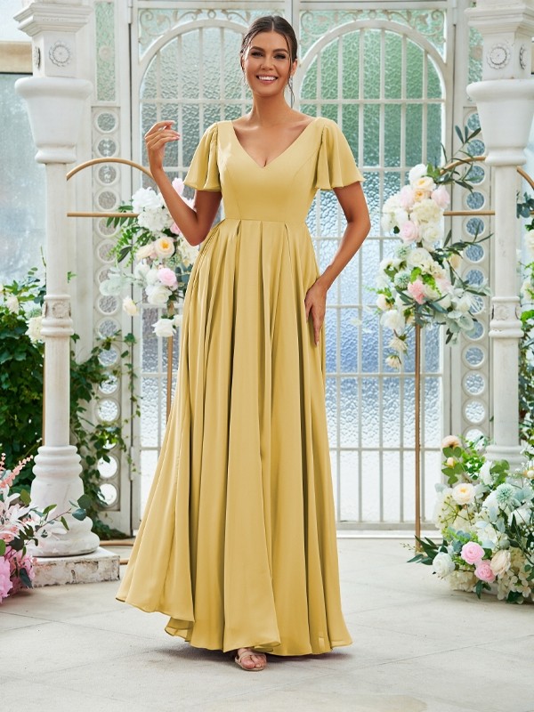 A-Line/Princess Chiffon Ruffles V-neck Short Sleeves Floor-Length Bridesmaid Dresses 2226