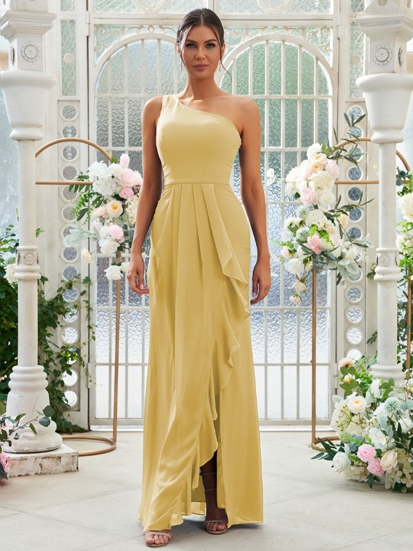 Sheath/Column Chiffon Ruffles One-Shoulder Sleeveless Floor-Length Bridesmaid Dresses 2914