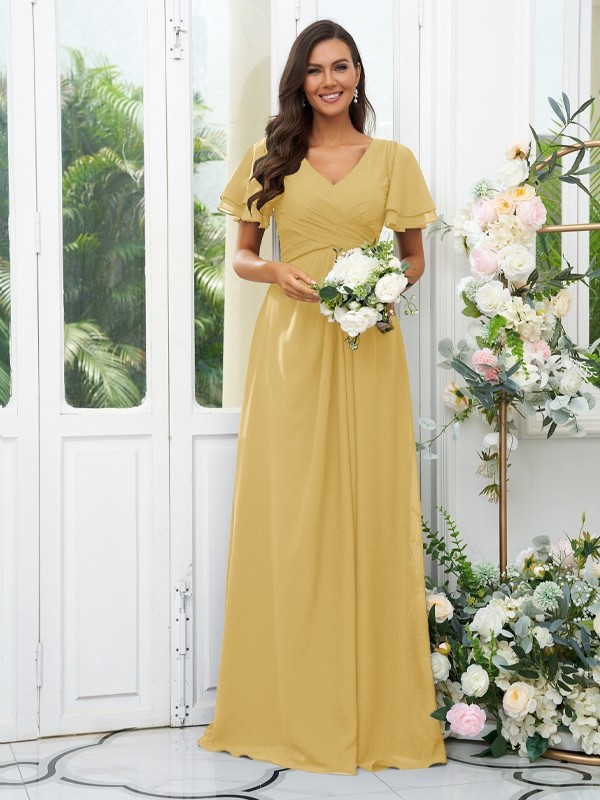 A-Line/Princess Chiffon Ruffles V-neck Short Sleeves Floor-Length Bridesmaid Dresses 2225