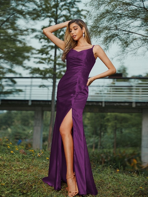 Sheath/Column Silk like Satin Ruched V-neck Sleeveless Floor-Length Bridesmaid Dresses 3083