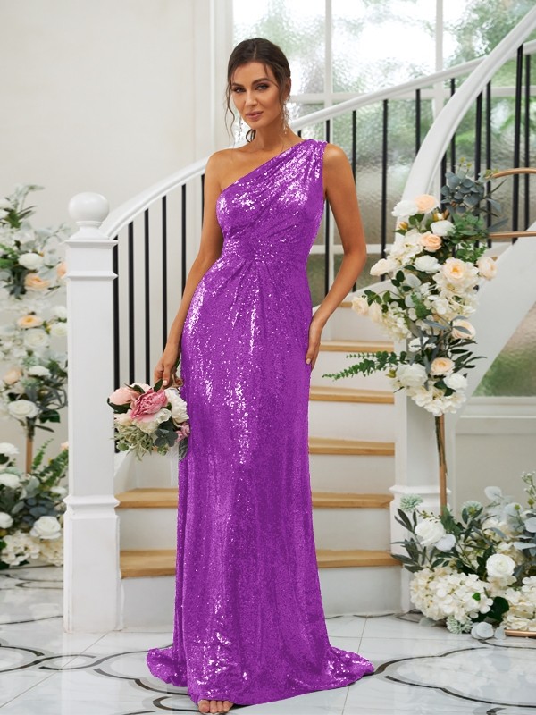 Sheath/Column Sequins Ruched One-Shoulder Sleeveless Sweep/Brush Train Bridesmaid Dresses 3042