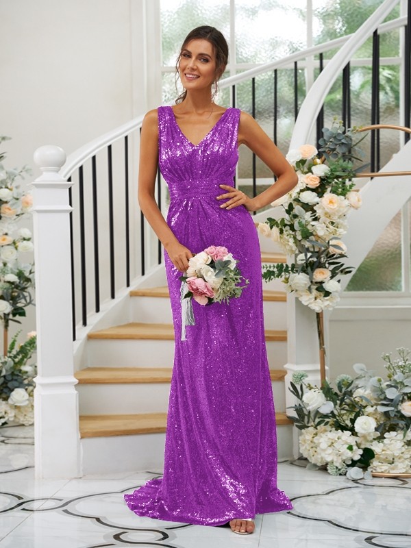 Sheath/Column Sequins Ruched V-neck Sleeveless Sweep/Brush Train Bridesmaid Dresses 3048