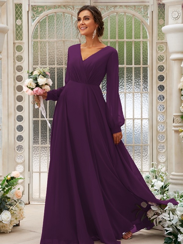 A-Line/Princess Chiffon Ruched V-neck Long Sleeves Floor-Length Bridesmaid Dresses 2169