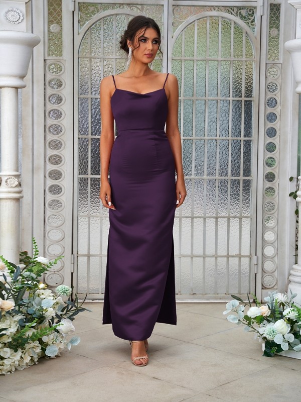 Sheath/Column Satin Ruched Spaghetti Straps Sleeveless Ankle-Length Bridesmaid Dresses 3025