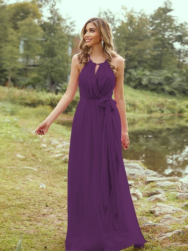 A-Line/Princess Chiffon Ruffles Halter Sleeveless Sweep/Brush Train Bridesmaid Dresses 2196