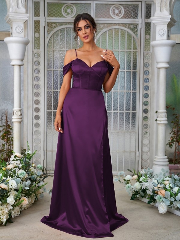 A-Line/Princess Silk like Satin Ruched Sweetheart Sleeveless Sweep/Brush Train Bridesmaid Dresses 2473