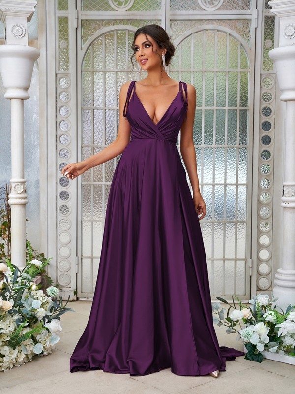 A-Line/Princess Silk like Satin Ruffles V-neck Sleeveless Sweep/Brush Train Bridesmaid Dresses 2494