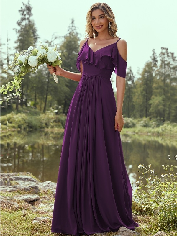 A-Line/Princess Chiffon Ruffles V-neck Sleeveless Floor-Length Bridesmaid Dresses 2233