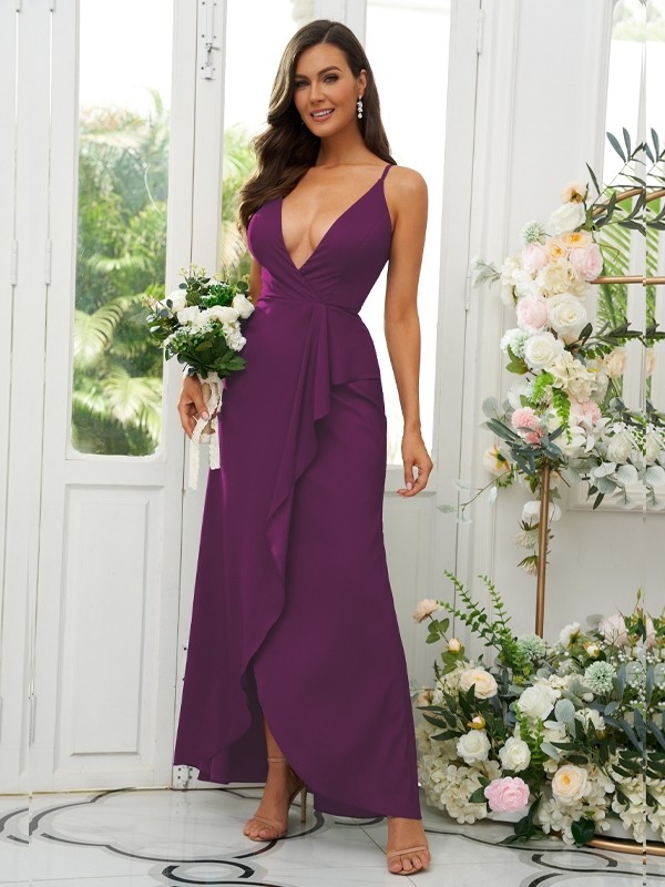 A-Line/Princess Silk like Satin Ruffles V-neck Sleeveless Floor-Length Bridesmaid Dresses 2492