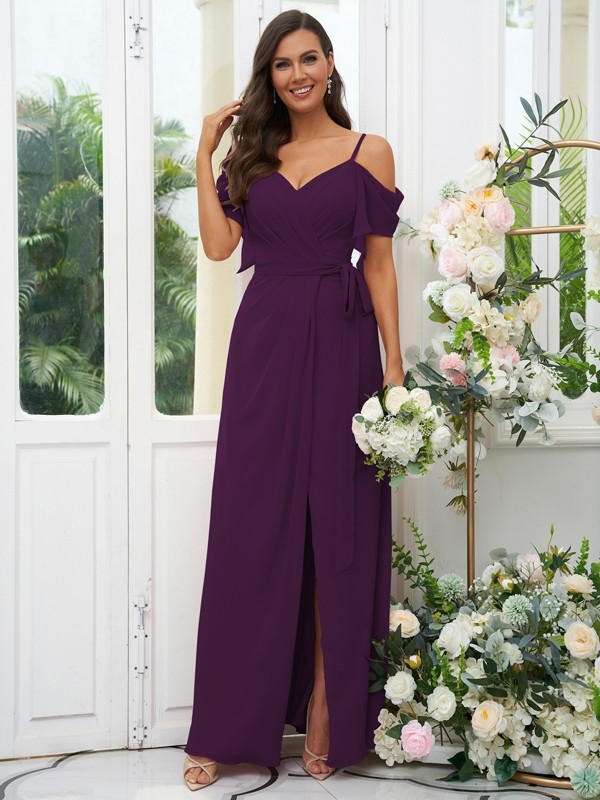 A-Line/Princess Chiffon Ruched V-neck Short Sleeves Floor-Length Bridesmaid Dresses 2171