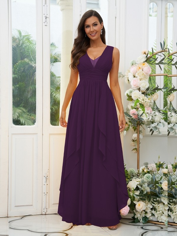 A-Line/Princess Chiffon Ruffles V-neck Sleeveless Floor-Length Bridesmaid Dresses 2240