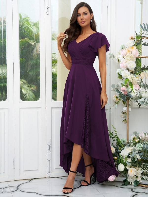 A-Line/Princess Chiffon Lace V-neck Short Sleeves Asymmetrical Bridesmaid Dresses 2151