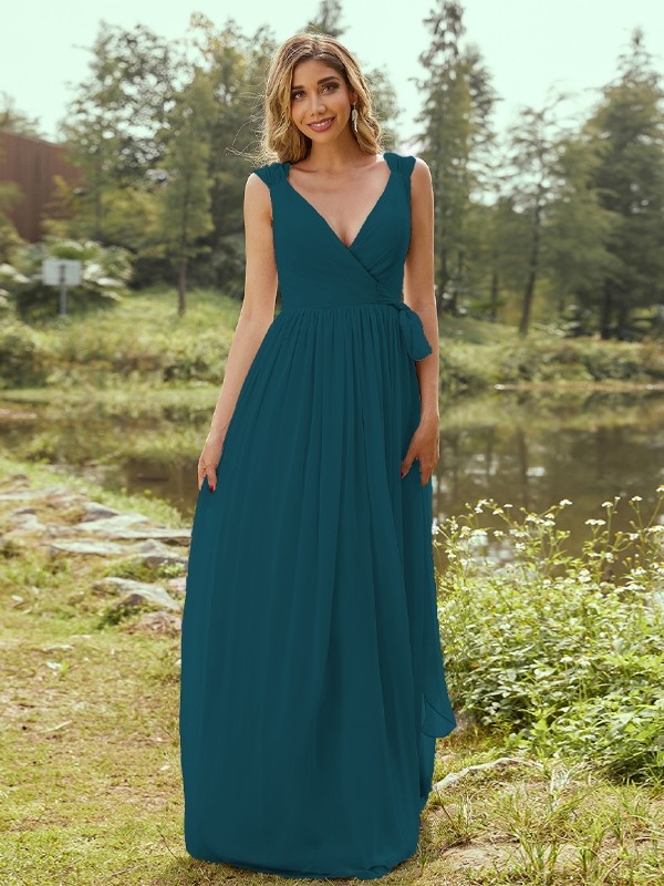 A-Line/Princess Chiffon Ruffles V-neck Sleeveless Floor-Length Bridesmaid Dresses 2235