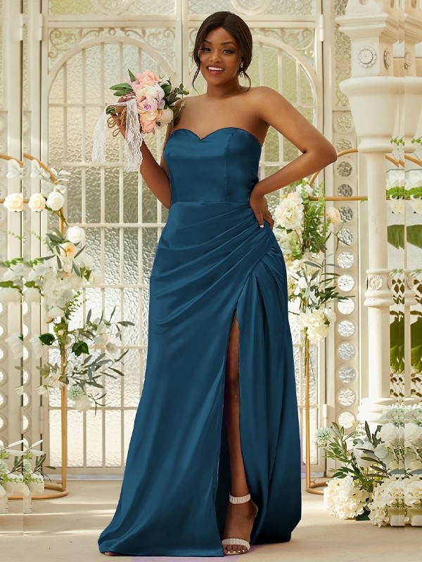 Sheath/Column Silk like Satin Ruched Sweetheart Sleeveless Sweep/Brush Train Bridesmaid Dresses 3079