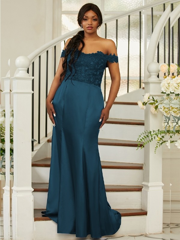 Sheath/Column Silk like Satin Applique Off-the-Shoulder Sleeveless Sweep/Brush Train Bridesmaid Dresses 3051