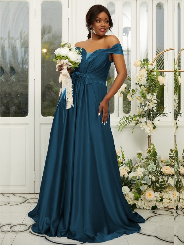 A-Line/Princess Silk like Satin Ruffles Off-the-Shoulder Sleeveless Sweep/Brush Train Bridesmaid Dresses 2482